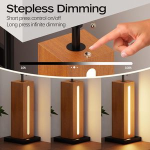 Modern Dimmable Table Lamps Set Of 2 Square Wood Grain Base With LED <b>Nightlight</b> For Bedside Use - Product Image 2