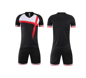Ensemble d'uniformes de football pour hommes, col en V, manches courtes, maillot noir, blanc, rouge, bloc de couleurs, kit de football respirant, vêtements de sport - Product Image 1