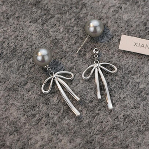 Nouvelles Boucles d'Oreilles Pendante Longues Grises en Perles avec Nœud Élégant et Simple, Style Coréen Tendance, pour Femme, Bijoux Féeriques en Métal Doux et Esthétique - Product Image 4