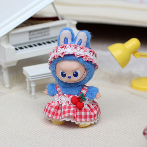 Fourth Generation Mini Labubu Doll <b>Dress</b> <b>Cherry</b> Pink Plaid Skirt Outfit 10cm Clothing Accessory for Plush Toy - Product Image 2