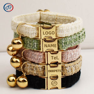 Kalung Hewan Peliharaan dari Kain Tweed dengan Logo Custom, Lonceng Emas & Pita Senada, Kalung Anjing Kecil & Kucing Modis dengan Lapisan Lembut & Gesper Logam - Product Image 1