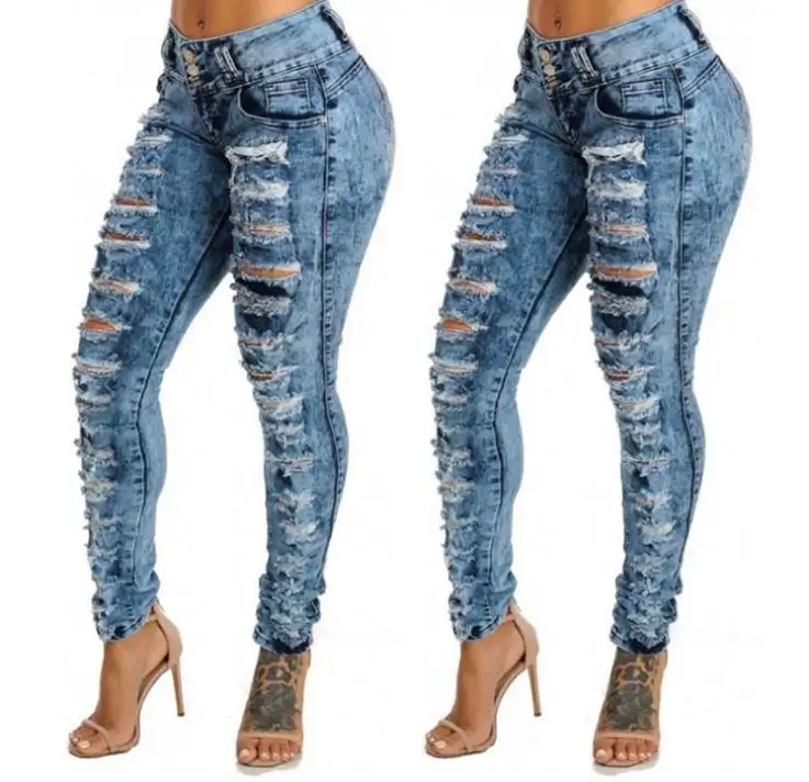夏のファッションブルースキニー破れたジーンズユーズド加工プラスサイズジーンズ女性用チェッカージョガーデニム