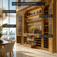 Meuble à vin Art Déco moderne de luxe en bois doré avec incrustations en laiton pour la maison de plage de Miami