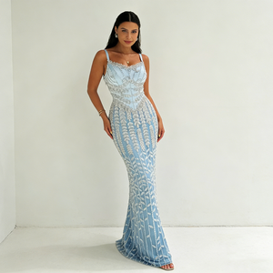 Robes pour femmes à bretelles spaghetti, col cœur, ornées <span class=keywords><strong>de</strong></span> perles et <span class=keywords><strong>de</strong></span> strass, motif feuille, coupe sirène ajustée, élégantes, formelles, longues - Product Image 4