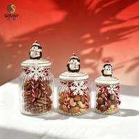 Bocal de rangement en verre pour les fêtes, pot transparent côtelé avec couvercle en céramique peint à la main motif pingouin, pour emballer des bonbons, des noix et des biscuits