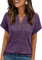 Tunique ample pour femme, col Henley en V, manches courtes, couleur unie, style décontracté chic, idéale printemps-été