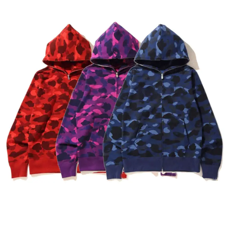 Newly design streetstyle custom blank camo full face zip up cotton fleece hoodie for promotional