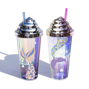 Gobelet isotherme réutilisable en plastique à double paroi avec paille, motif sirène, logo personnalisé, 420 ml, pour le <span class=keywords><strong>camping</strong></span> - Product Image 1