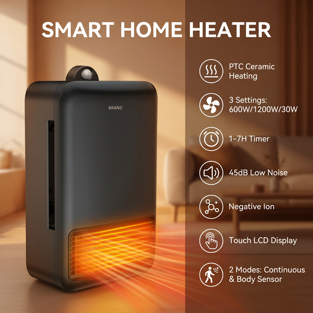 PTC Ceramic Heater 600W/1200W/30W 3 Levels Heater Fan Body Sensing 1H~7H Timing Negative Ion Low Noise Heating Fan