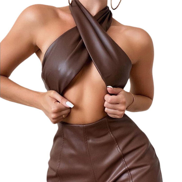 Укороченный топ с воротником-халтер, комплект из 2 предметов, осенняя Женская одежда, повседневные шорты из искусственной кожи, наряды, комплект из двух предметов для женщин