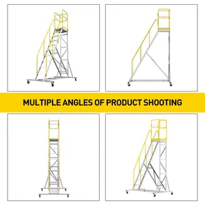 Escaleras de plataforma rodante portátiles a precio de fábrica con pasamanos, plataforma adecuada, escalera de escalada de almacén para múltiples escenarios
