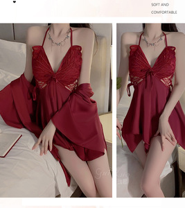 Pyjama en <span class=keywords><strong>soie</strong></span> de glace sexy de <span class=keywords><strong>grande</strong></span> <span class=keywords><strong>taille</strong></span> avec coussin de poitrine rassembler nœud chemise de nuit Robe extérieure ensemble de vêtements pour la maison - Product Image 4