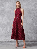 Robe longue élégante pour femme, taille haute, unie, avec décorations florales et volants, col rond, sans manches, coupe ajustée, pour soirée