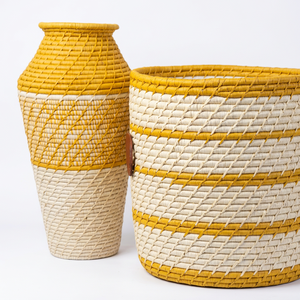 Panier de rangement en raphia tressé à la main de Madagascar, style bohème jaune et blanc, pour arrangement de plantes, décoration intérieure, avec couvercle, écologique, pour bureau - Product Image 5