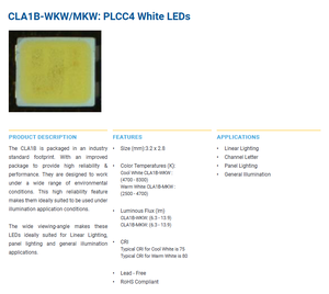 ขายดี CREEs CLA2A-WKW-CYBZ0343 ชิป LED แบบแยกส่วน 3.2V 4-PLCC แสงขาวเย็น 5500K 100lm/W 50000h - Product Image 2