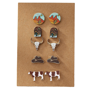 Set di <span class=keywords><strong>Orecchini</strong></span> a Perno Stile Western con <span class=keywords><strong>Cactus</strong></span> e Cappello da Cowboy, in Legno, 5 Paia, Collezione 2025, Gioielli Punk alla Moda - Product Image 4