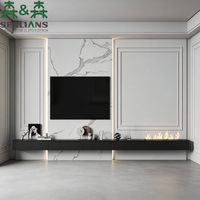 Meuble TV mural de luxe SLS en marbre, console multimédia flottante minimaliste avec éclairage LED et panneau en bois cannelé