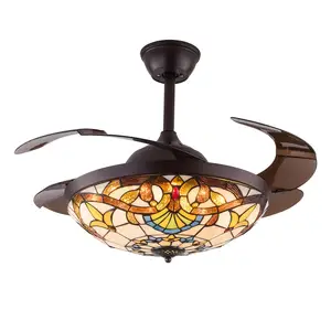 Tiffany Style 4 retractable brown bladed chandelier fan light 42 Inch Invisible Ceiling Fan with Remote Control