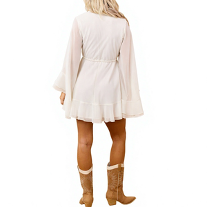 Nuevo Vestido Corto Informal Bohemio para Mujer, Ligero, de Gasa, con Cuello en V, Manga Larga con Volantes y Dobladillo con Volantes - Product Image 4
