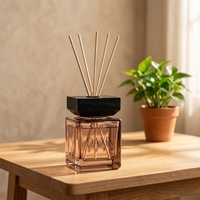 Bouteille diffuseur en verre ambré carré avec bouchon en bois noir, récipient vide pour diffuseur, flacon de parfum d'ambiance, logo personnalisé