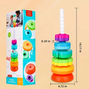 Jouet d'empilage rotatif pour bébés de 12 mois et plus, thème arc-en-ciel, fleurs, animaux, fruits, anneaux empilables en ABS pour tout-petits - Product Image 2
