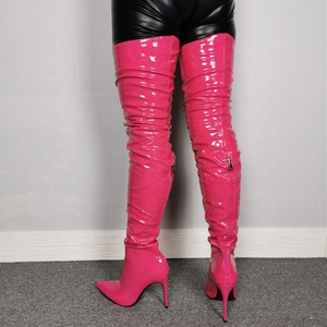 Bottes hautes sexy en cuir verni couleur bonbon avec fermeture éclair arrière pour femme, talon aiguille, bout pointu, bottes longues jusqu'au cuisse, grandes tailles - Product Image 5