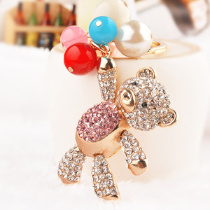 Cute Crystal Balloon Small Bear Key Chain Colorful Rhinestone Balloon Bear Pendant Keychain for Women
