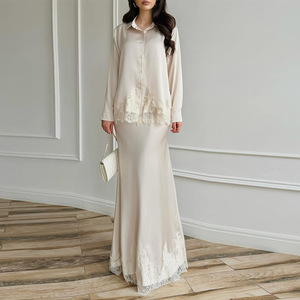 Ensemble robe longue pour femme, café, polyester, dentelle, patchwork, style décontracté, style européen, tenue longue - Product Image 4