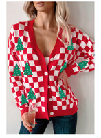 Cardigan en tricot à carreaux pour femme, col en V, boutonné, manches longues, motif sapin de Noël, pour les fêtes