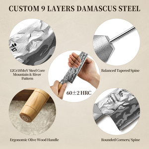 <span class=keywords><strong>Couteau</strong></span> <span class=keywords><strong>Santoku</strong></span> XINZUO en acier Damas martelé avec manche en bois d'olivier, pour chef professionnel, idéal pour couper la viande et les légumes. - Product Image 2