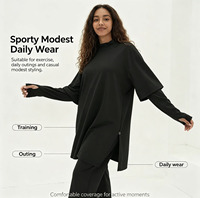 Tenue de sport modeste noire unie OEM personnalisée 2 pièces pour femme, col rond, manches cape, fente latérale, trou pour le pouce, tunique musulmane classique