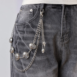 Chaîne de taille en argent tibétain, motif double crâne, style hip-hop urbain, accessoire décontracté pour jeans - Product Image 1