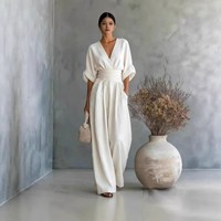 LWC01 Combinaison décontractée tendance pour femme, col en V, manches mi-longues, taille cintrée, jambe large, combinaison une pièce pour femmes avec poche