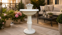 Fontaine sur piédestal classique blanche avec bassin à niveaux, pulvérisateur en forme de couronne, base ornée en relief et décoration aquatique pour jardin extérieur