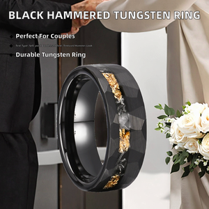 Nuovo Anello alla Moda in Carburo di Tungsteno con Detriti di Foglia d'Oro, Anello Nuziale e di Fidanzamento da 8mm con Finitura Martellata Nera per Coppie - Product Image 2