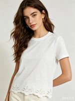 Kaos Wanita Linen Manis Bermotif Bunga Kerah Bulat Lengan Pendek Bordir Hiasan Kerang Cepat Kering Bernapas Kasual Atasan Musim Panas