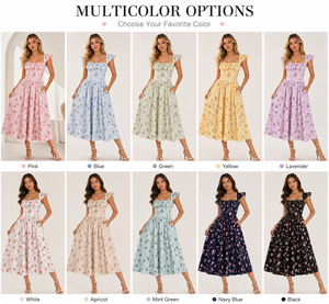 Robe midi florale rose pour femme, col carré, bretelles à volants, buste smocké, robe d'été décontractée avec poches - Product Image 2