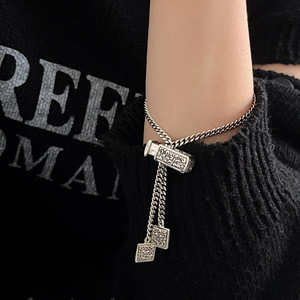 S925 Pure Silver Chinese Style Engraved <b>Bracelet</b> For Women <b>Adjustable</b> Tank Chain Jewelry Everyday Wear - Product Image 1