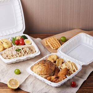 3 <b>Compartment</b> Hinged Clamshell Food Container <b>Lunch</b> <b>Box</b> Plastic to Go Take Away Biodegradable Disposable Restaurant Takeout - Product Image 4