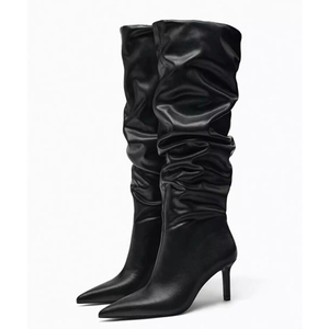 <span class=keywords><strong>Botas</strong></span> largas para <span class=keywords><strong>mujer</strong></span>, zapatos plisados a la moda, <span class=keywords><strong>botas</strong></span> hasta la rodilla de tacón alto para fiesta de cuero de microfibra con punta cuadrada para Otoño e Invierno - Product Image 1