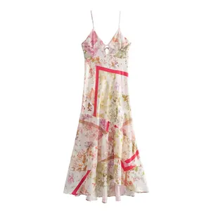 TAOP&ZA French resort style floral long dress 2024 summer women's V-neck thin suspender translucent splicing printed dress