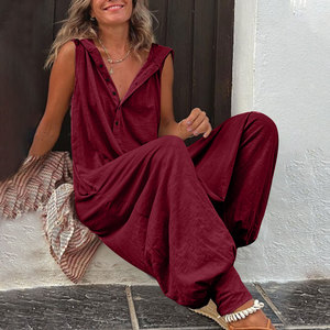 Combinaison en coton mélangé pour femmes sans manches <span class=keywords><strong>couleur</strong></span> unie à capuche combishort fermeture à boutons taille haute coupe ample décontracté respirant pour - Product Image 5