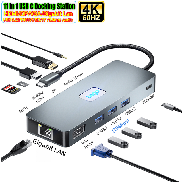 11 in 1 USB C Docking Station PD100W Charging Type-C to HDMI DP 4K 60hz VGA Gigabit LAN With USB 3.0 3.2 HUB SD/TF Card Reader