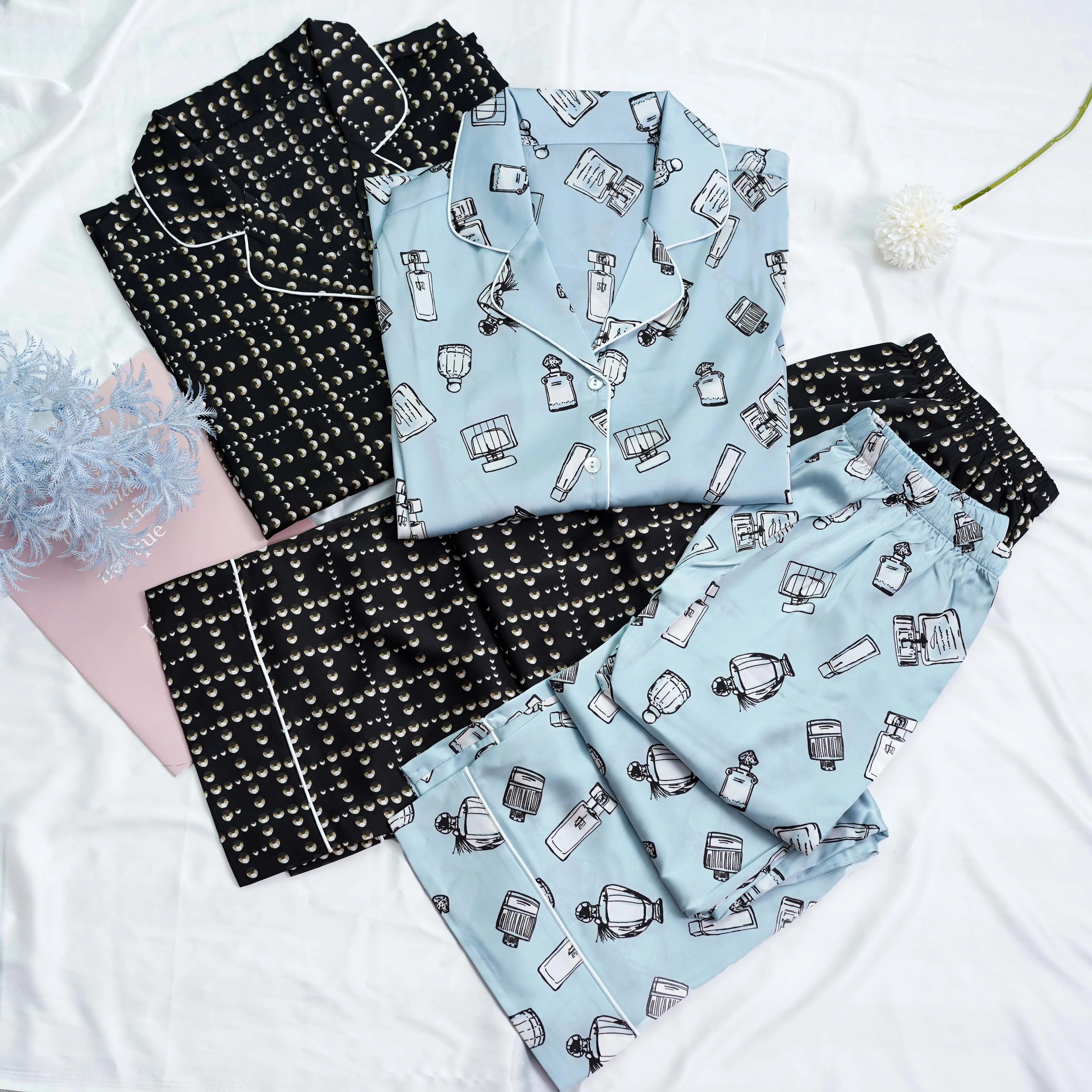 Conjunto de pijamas estampados en stock, pijamas de seda satinada para mujer, pijamas finos de manga larga para mujer