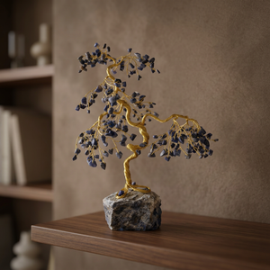 Lapis Lazuli Tree Sculpture Carved with Gold <b>Wire</b> Art on Stone Base for Home Feng Shui Decoration - Product Image 2