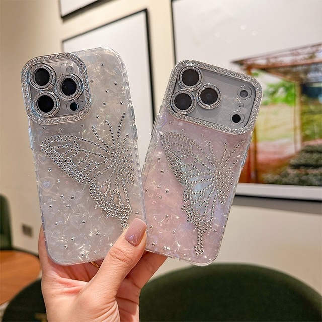 For 17 Pro Max Rhinestone Butterfly Design Phone Case Luxury Girl Korean Style Custom TPU+PC iphone Cover for 16 15 14 Wholesale