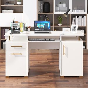 <strong>White</strong> and Gold <strong>Computer</strong> <strong>Desk</strong> <strong>with</strong> Drawers <strong>White</strong> Executive <strong>Desk</strong> <strong>with</strong> Storage <strong>File</strong> <strong>Cabinet</strong> Home Office <strong>Desks</strong> <strong>with</strong> Keyboard Drawers - Product Image 2