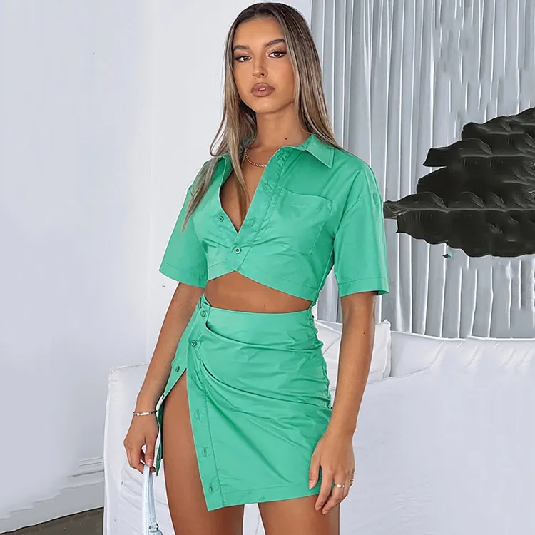 Fashion Design 2022 Green Short Sleeve Vestidos Para Mujer Hollow Out Sexy Turndown Collar Shirts Dress Women