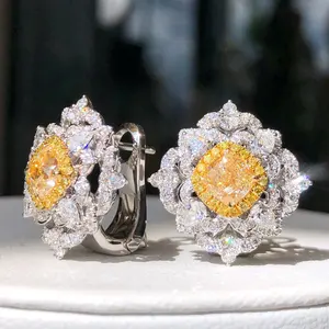 Luxury Shine Girl High End Fine Jewelry Elegant Gorgeous 18K White Gold 2.12ct+1.681ct Yellow Diamond Earrings