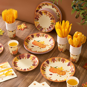 ชุดภาชนะใส่อาหารแบบใช้แล้วทิ้ง PET ลายฟักทองฤดูใบไม้ร่วง 350 ชิ้น เป็นมิตรกับสิ่งแวดล้อม สำหรับแขก 50 ท่าน จาน ถ้วย ผ้าเช็ดปาก สำหรับงานเลี้ยงวันขอบคุณพระเจ้า - Product Image 6